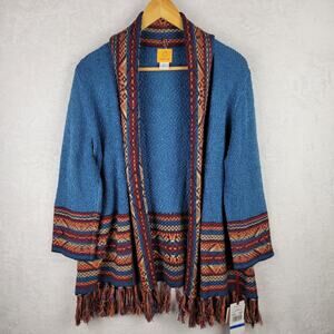 Western XL Cardigan Open Front Blue Colorful Design Fringe Hem Tribal Casual